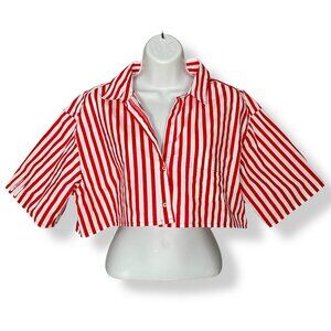Zara Top‎ Red White Stripes DIY Cropped Boxy Short Sleeves Button-Up Pocket